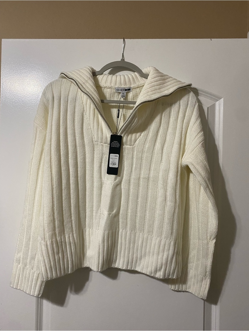 Fashion Nova Cream Ribbed Half-Zip Hoodie Sweater